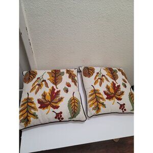 Set Of 2 Autumn Embroidery Leaf Pattern Throw Pillow Covers With Piping 16" Squa